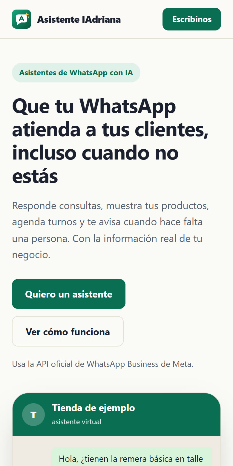 Web de iAdriana en el celular: «Que tu WhatsApp atienda a tus clientes, incluso cuando no estás».