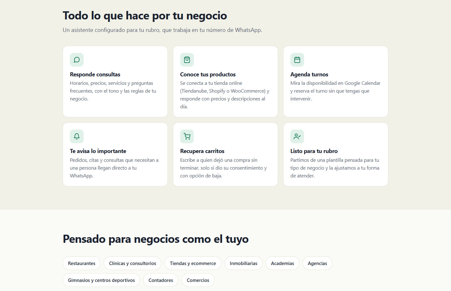 Web de iAdriana: lo que hace el asistente (responde consultas, conoce los productos, agenda turnos, avisa lo importante, recupera carritos) y los rubros para los que sirve.